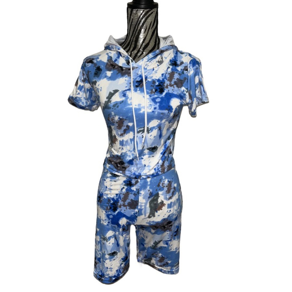 Matching Blue/Black/White Tie Dye Short Sleeve Hooded Shirt and Shorts Set